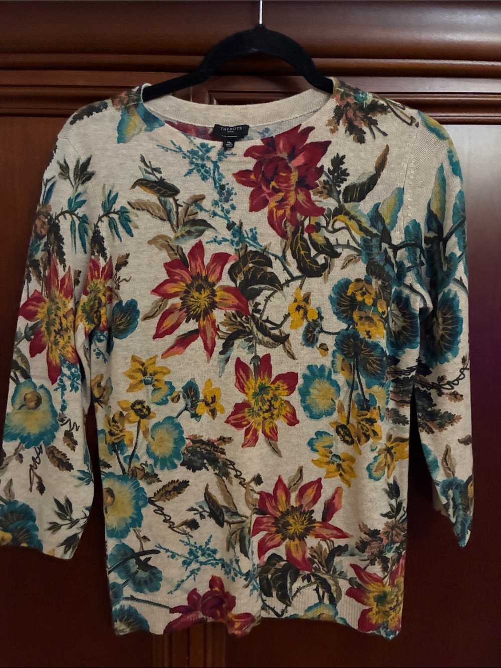 Talbots cashmere Cream Floral Crewneck Sweater with Teal, Red & Yellow Accents